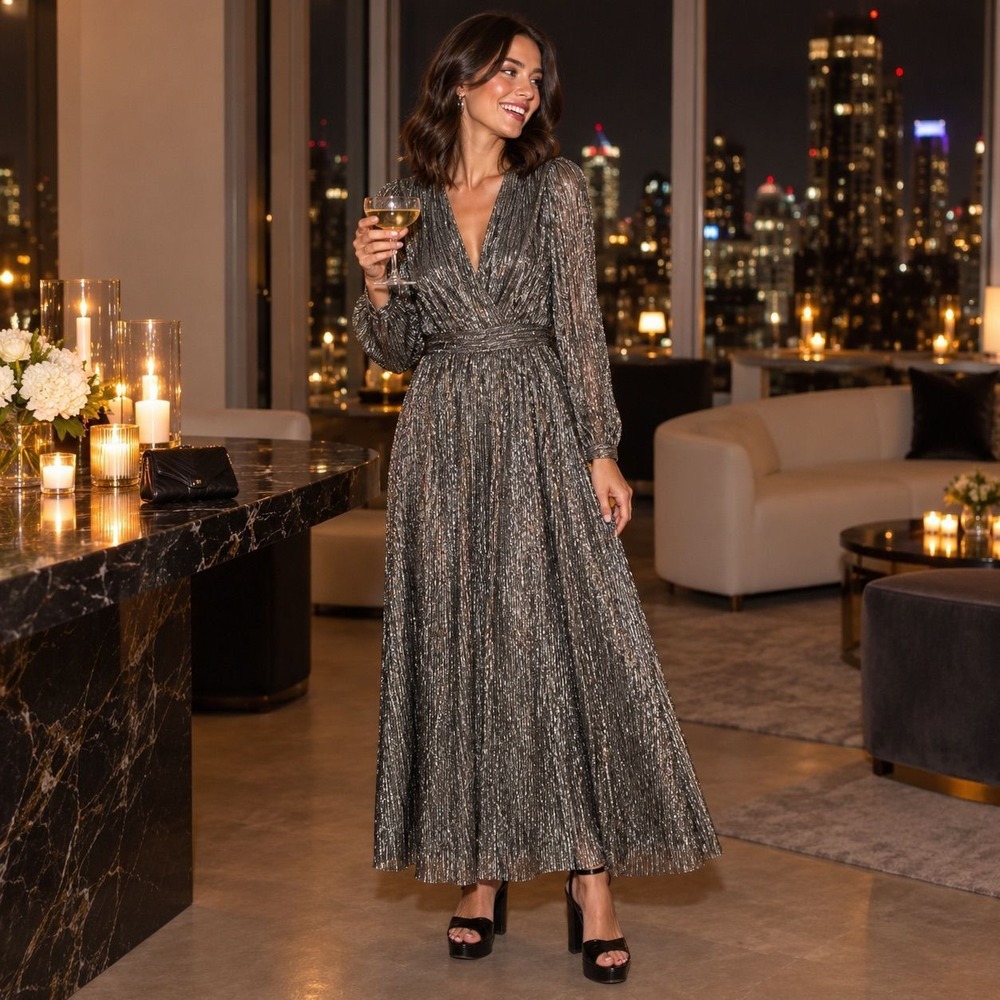 The Kooples NWT $545 Metallic Pleated Maxi Dress SZ S